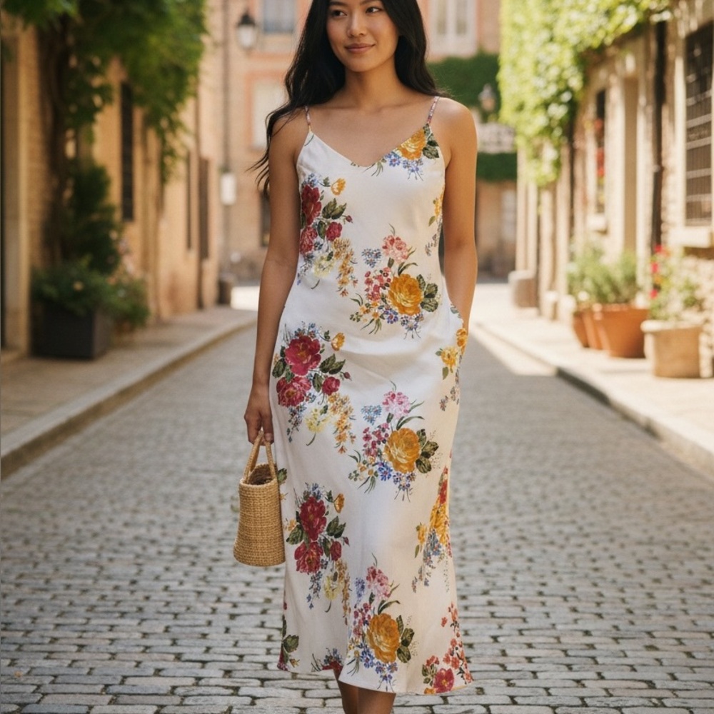 Reformation Floral Midi Dress in Cream and Multicolor